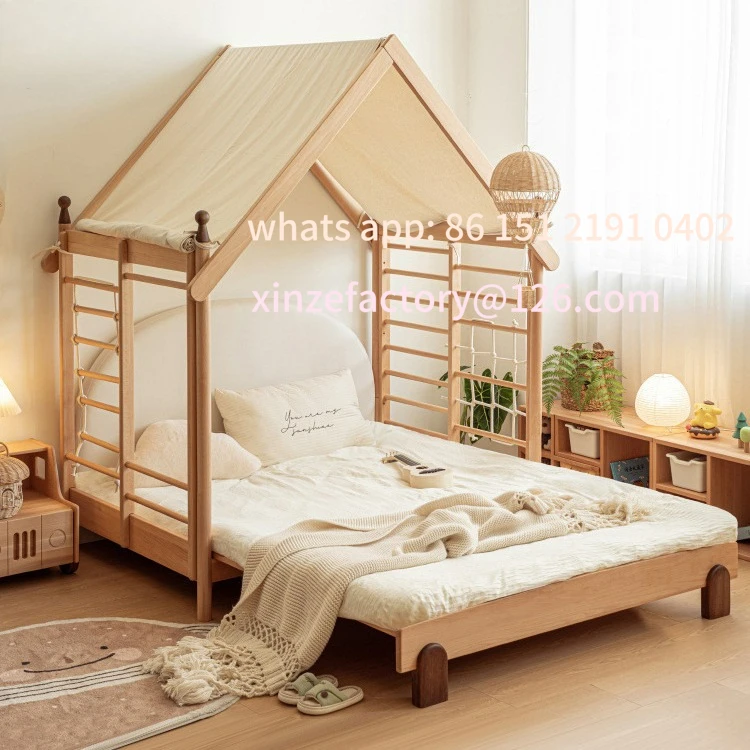 

Customizable bed Full solid wood with guardrail Boys and girls Retractable pull tree house bed torch
