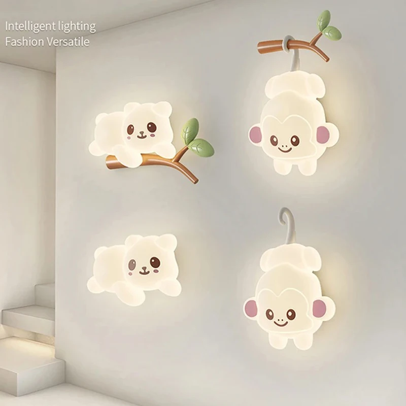 monkey bear sconce branch lampada de parede quarto de crianca criativa playground do bercario corredor corredor luz 01