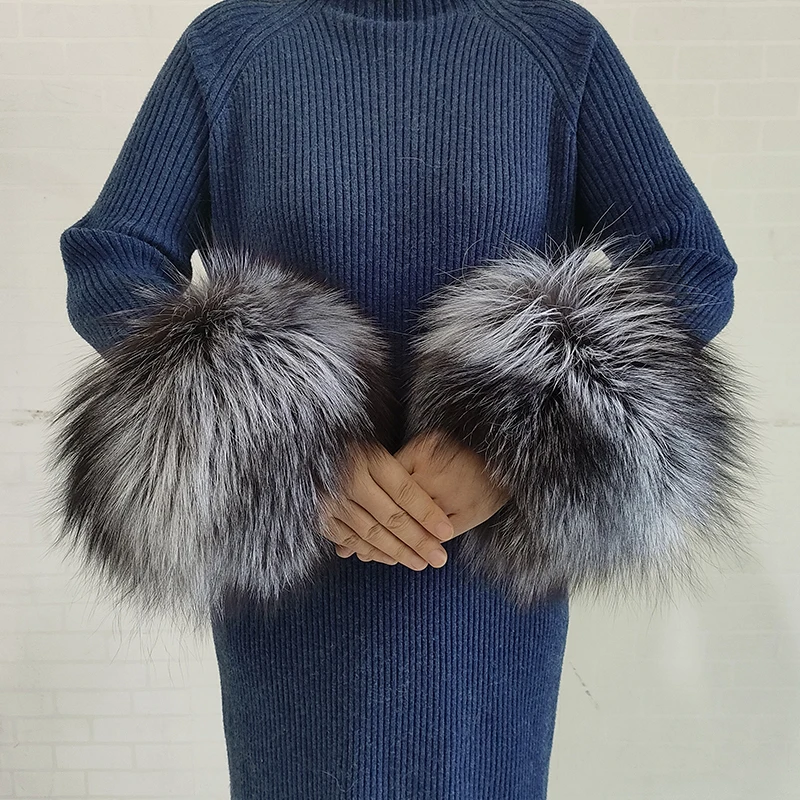 진짜 모피 커프스 손목 워머, 블랙 리얼 여우 모피 손목 밴드, 레이디 팔찌 재킷 소매 장식, 리얼 퍼 커프 코트 액세서리