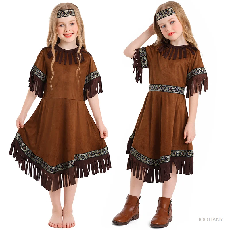 

Children Halloween Party Role Play Wild Costume Festival Carnival Party Show Hunter Costume Girls Indian Tribesman Tassel Dress