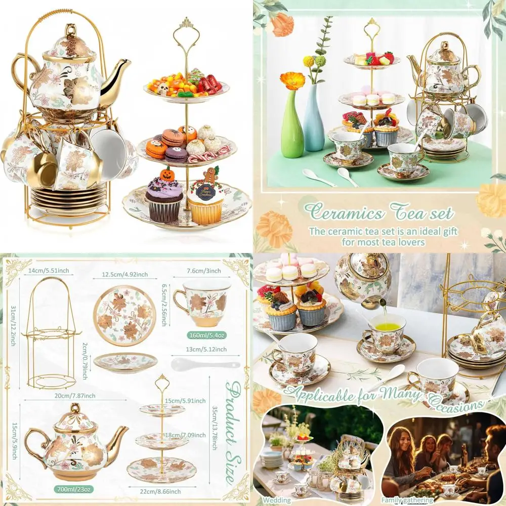 

Adults European Style 21-Piece Tea Party Set with Floral Design, Metal Holder, and 3-Tier Ceramic Cake Stand, Porcelain Flower T