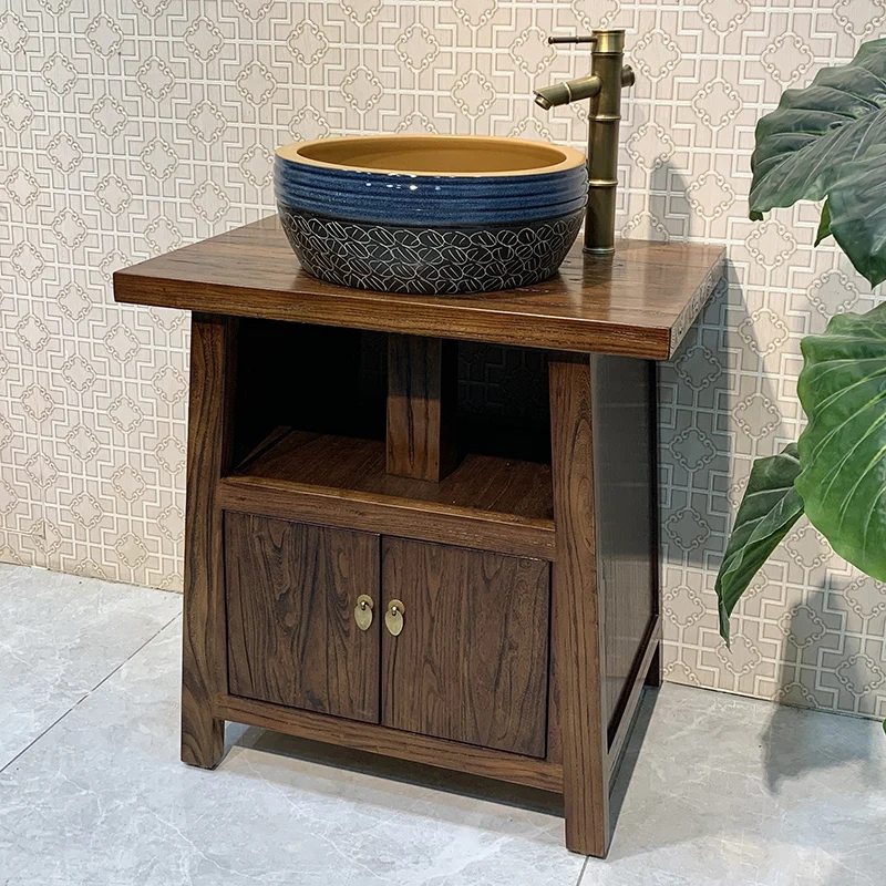 Old elm Chinese bathroom cabinet combination solid wood small apartment bathroom floor-standing retro sink basin cabinet combina