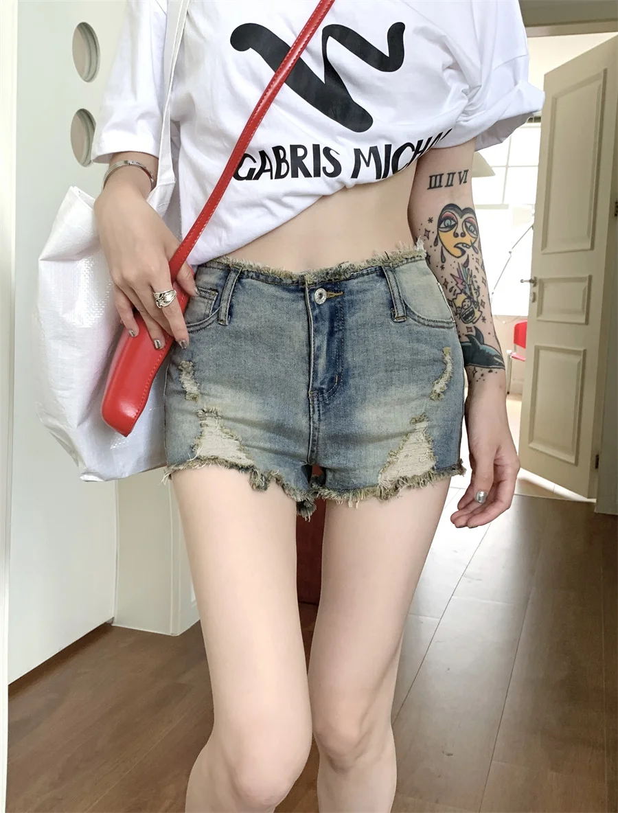 

Slergiri American Retro Y2k Raw Hem Ripped Denim Shorts Women Summer Streetwear High Waist Fashion Casual Jean Shorts Female