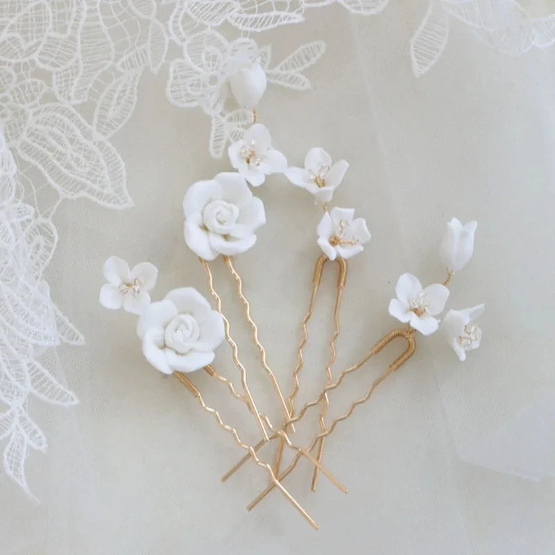 Floralbride Handmade Porcelain Flower Crystal Pearls Bridal Hair Pin Set Wedding Hair Stickers Women Jewelry Hair Accessories