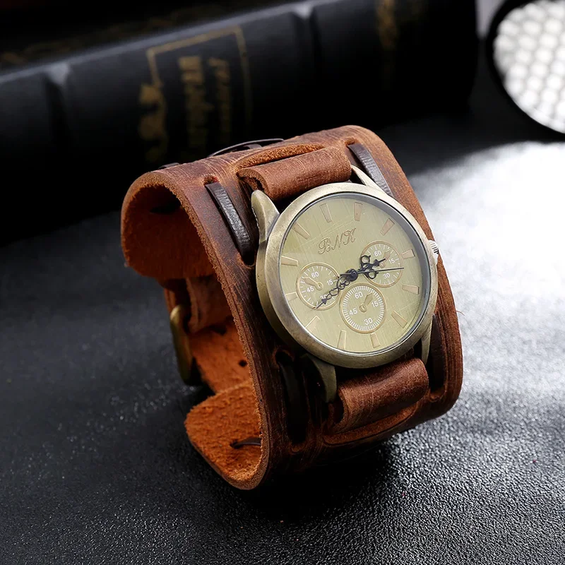 2024 Men\'s Watches Punk Retro Decorative Wide Strap Watch Male Clock Leather Bracelet Quartz Military Man WristWatch Men Watch