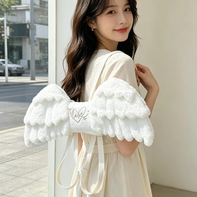 Creative Angel Wing Shaped Backpack Sweet Cute Elegant Korean Solid Color Shoulder Bag New Love Embroidered Plush Women Handbag