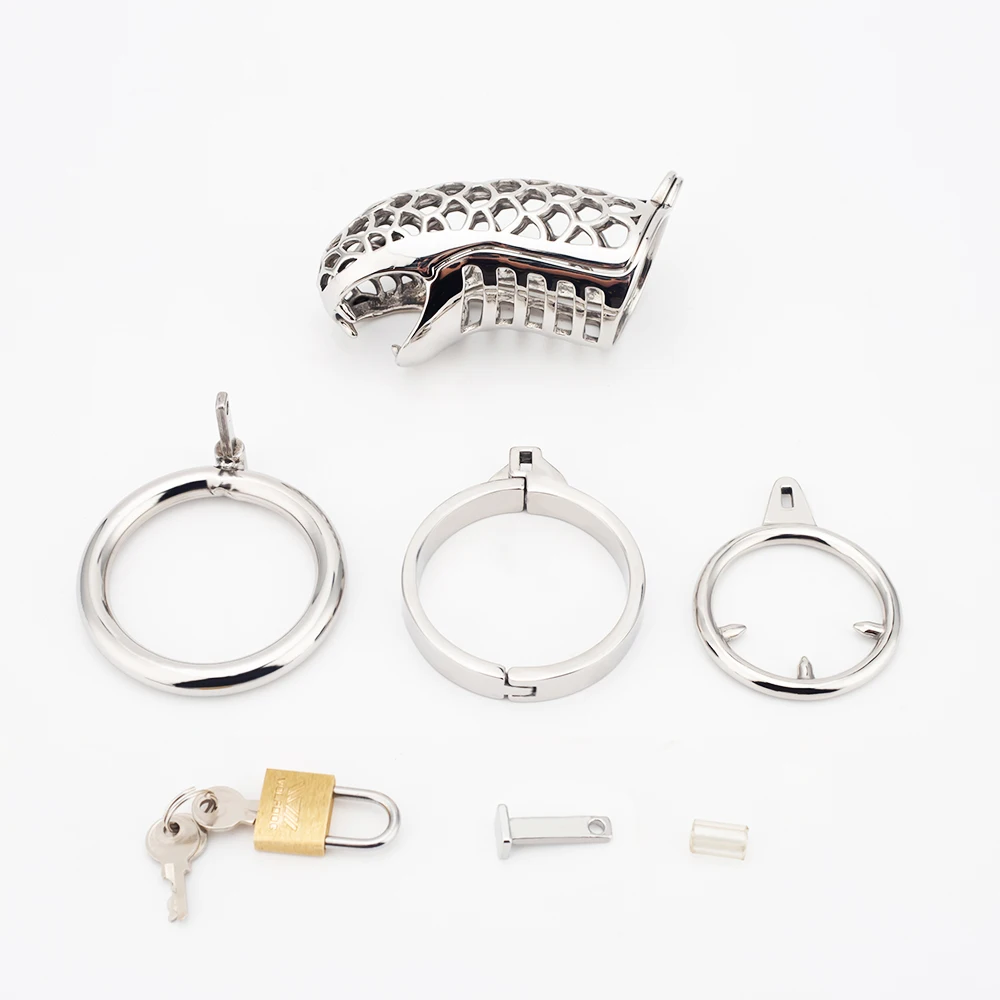 Hollow Stainless Steel Snake Chastity Cage Male Chastity Device Metal Snake Cock Cage With Spike Ring Lock BDSM Sex Toys For Men