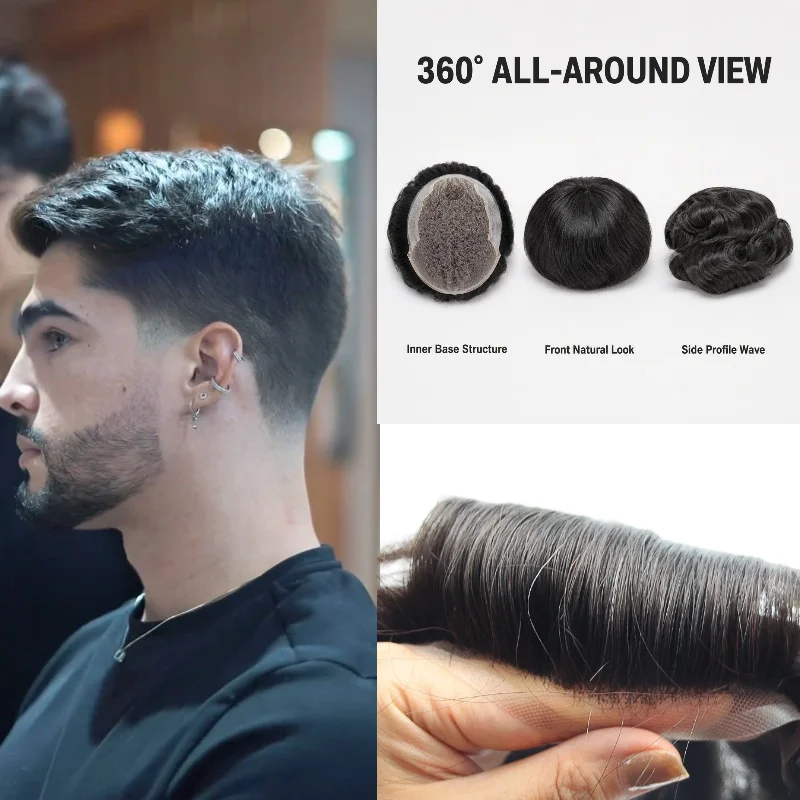 100% Human Hair Q6 Base Men Toupee 6x8 6inch 30mm Wave Lace+PU Hand-Tied Remy Hair Ready Stock 72H Ship Wholesale Dropship
