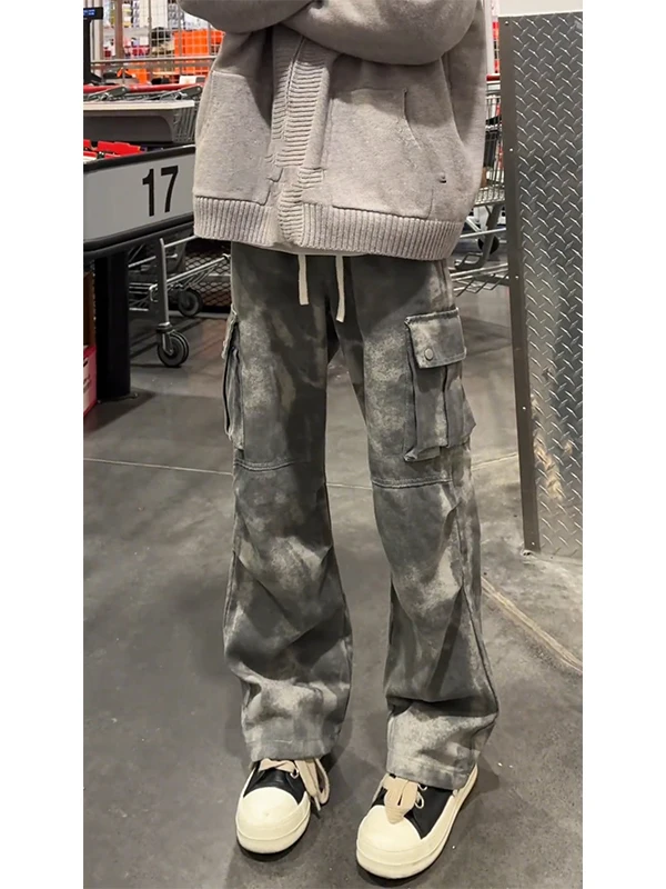 

American Retro Camouflage Distred Jeans Men's High Street Straight Leg Casual Long Trousers Big ket Tie Dye Workwear
