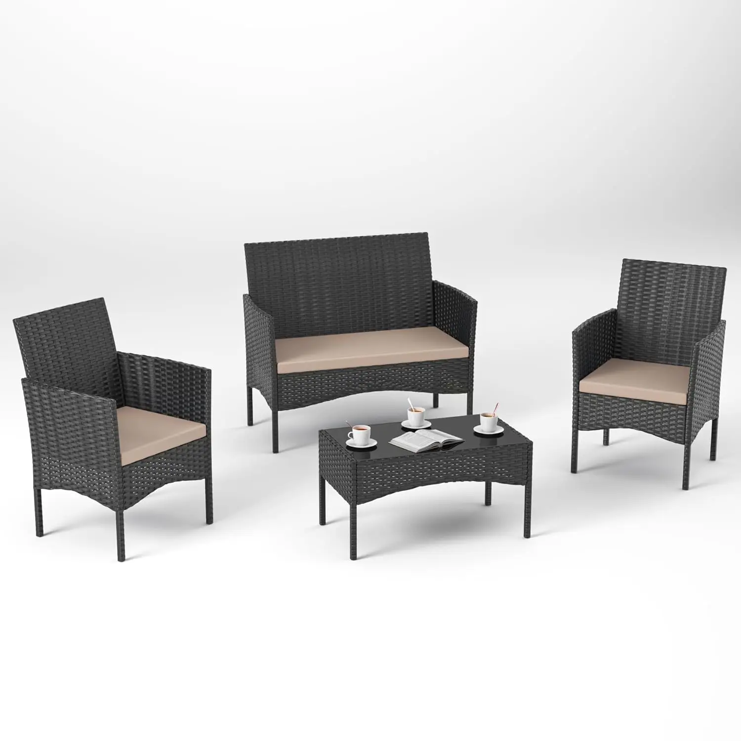 

4 Pieces Outdoor Patio Furniture Sets,Wicker Conversation Set with Coffee Table,Loveseat and Wicker Patio Chairs, Customized