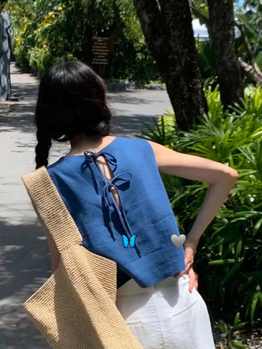 한국 슬림핏 블루 보타이 여성 여름 신상 휴가 캐주얼 다용도 베스트 탑 루즈핏 라운드넥