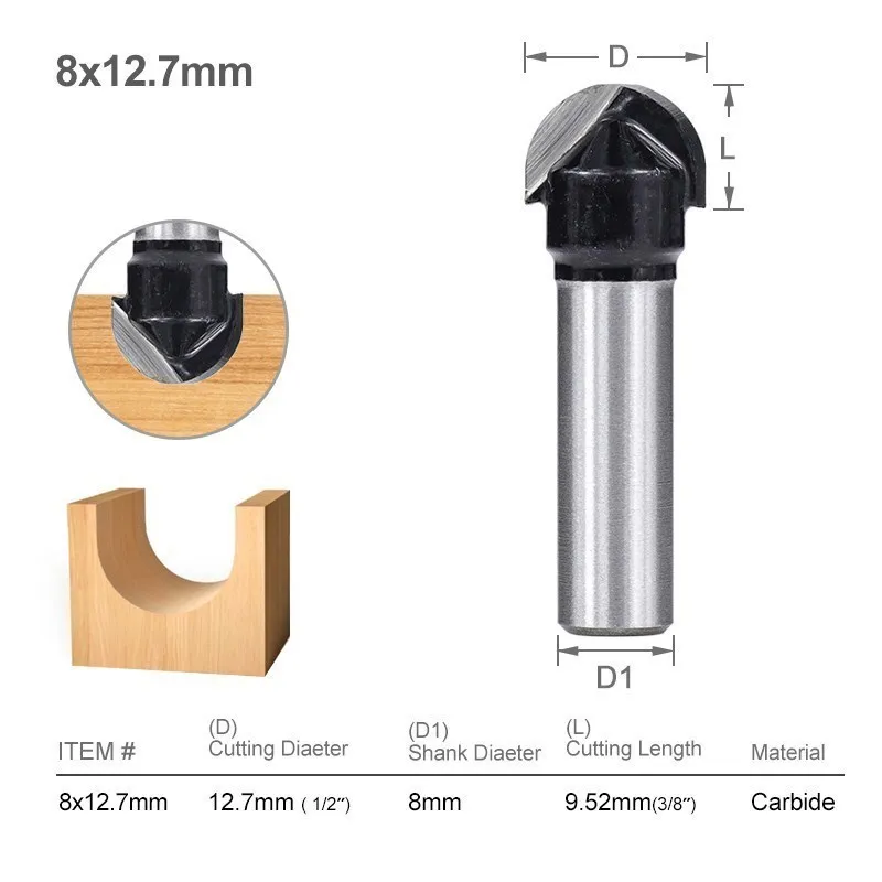 Milling Cutter 8mm Shank Ball Nose End Mill Tungsten Carbide Trimming Corner Round Router Bit for Woodworking Tools