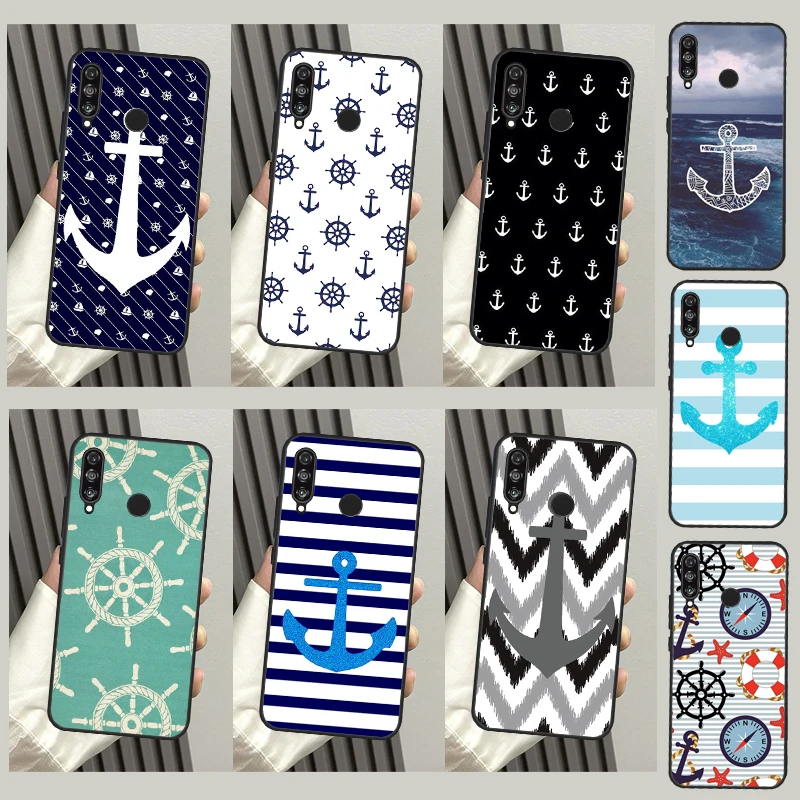 Stripes Anchor Boat Ship Wheel Case For Huawei Honor X9a X7 X8 X9 50 70 P20 P30 P40 Lite Mate 50 P50 Pro Nova 5T P Smart