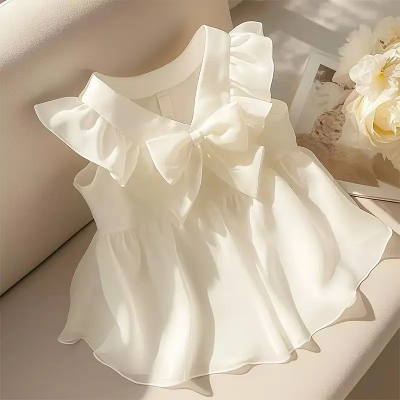 

Fly Sleeve Chiffon White Shirt Elegant Korean Fashion Clothing Sweet Bow V Neck Blouse 2025 Spring Summer Blusas Mujer