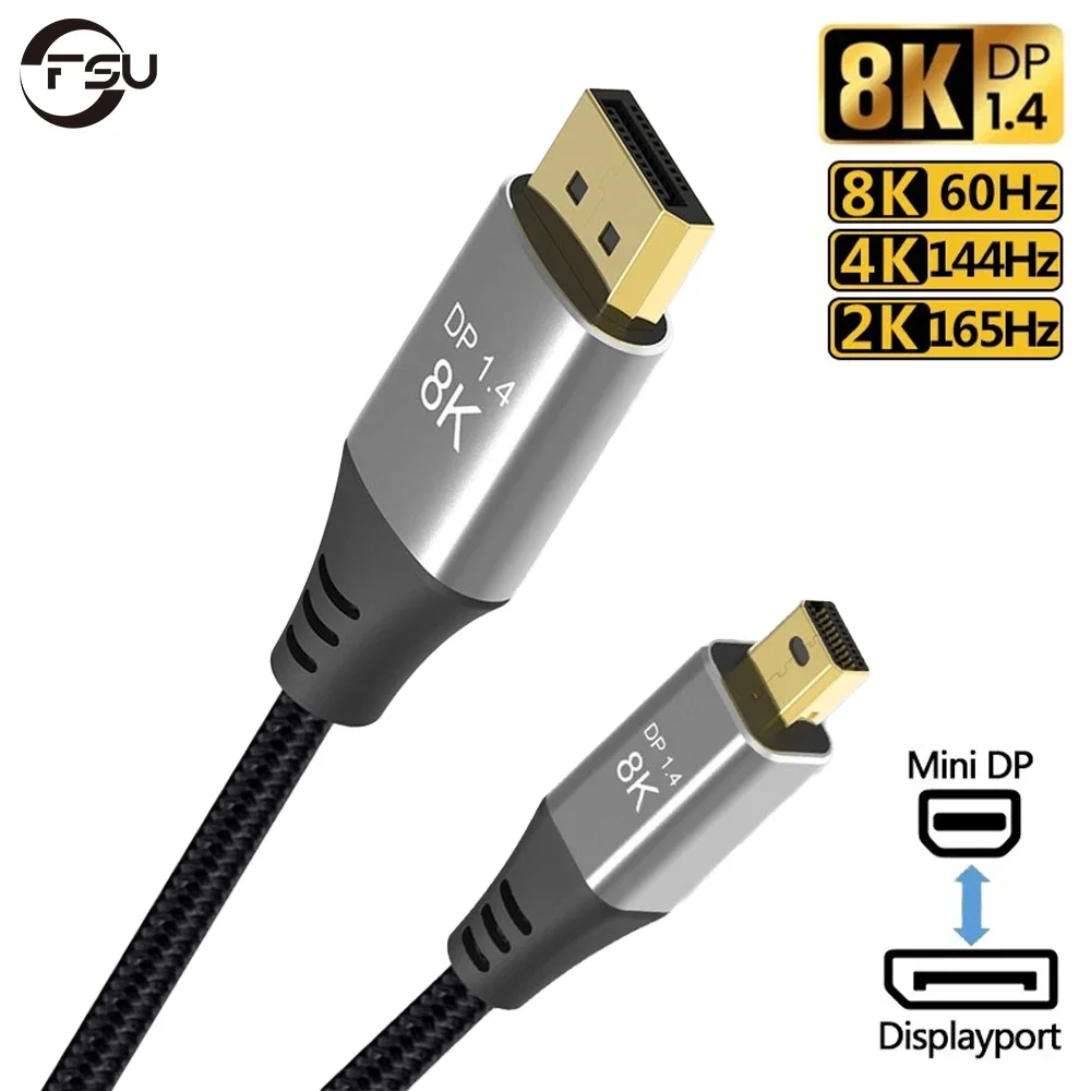 FSU Mini DP To DP Cable 8K 60Hz 4K 144Hz 2K 165Hz Male To Male DisplayPort 1.4 Adapter Cord for Laptop Projector Monitor 1m2m3m