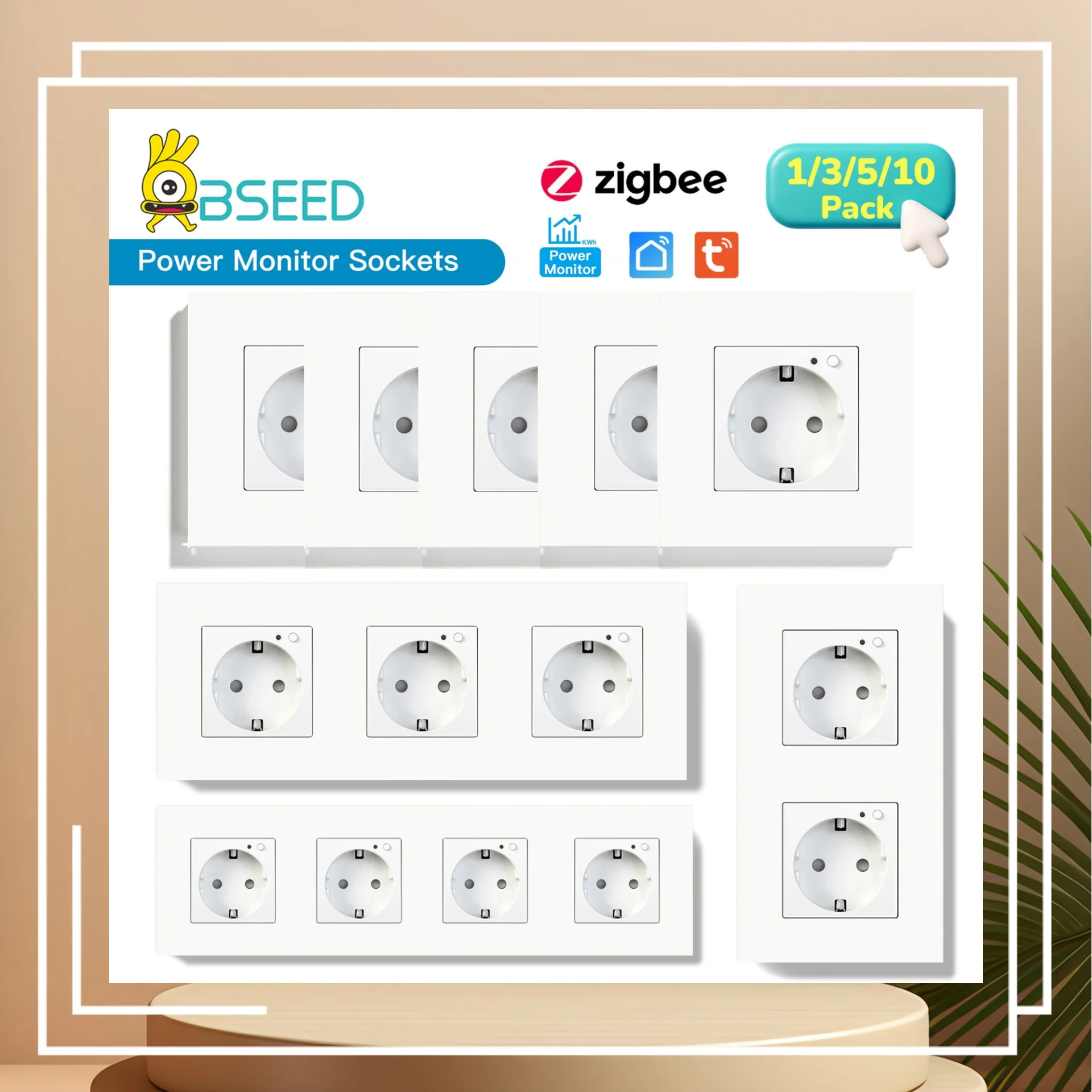 

BSEED ZigBee Wall Sockets Energy Monitor Double Smart Meter Sockets Google Smart Life App Alexa Triple Sockets EU Plastic Home