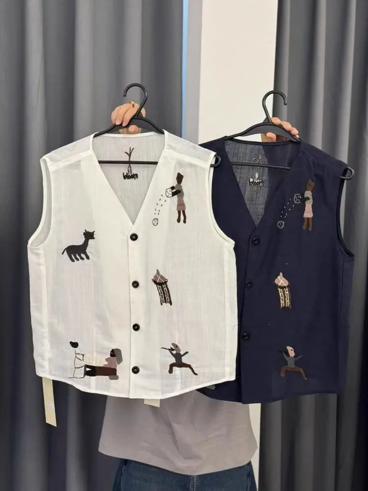 Ele Haftowana Lniana Kamizelka Cienka Bluzka na Ramiączkach z Dekoltem w Serek Damska Moda Letnia Odzież Wierzchnia Uniwersalna Mieszanka Bawełny i Lnu