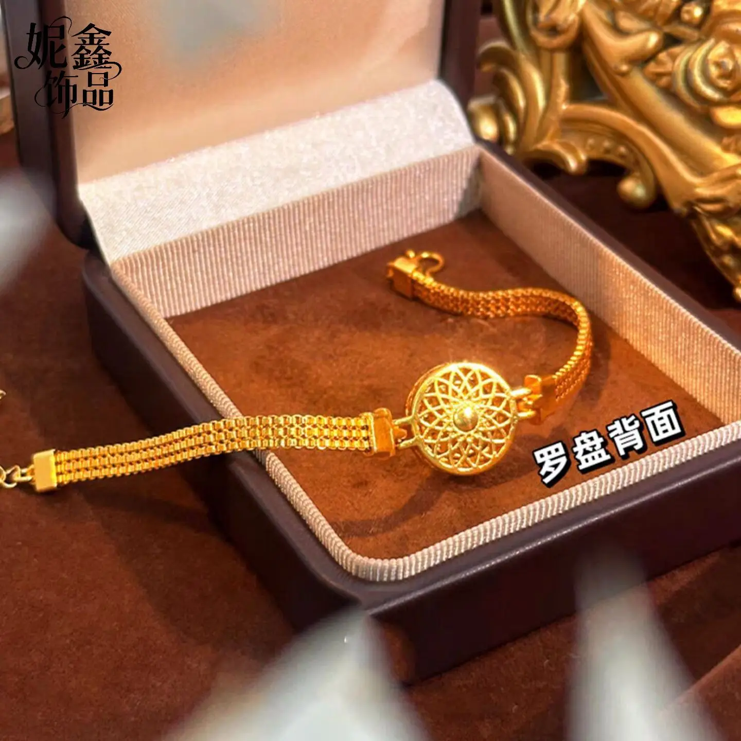 Rotatable Design Rotatable Diamond-set Eight Treasures Compass Strap Bracelet For Women 24K Gold AU999 | Flexible rotation