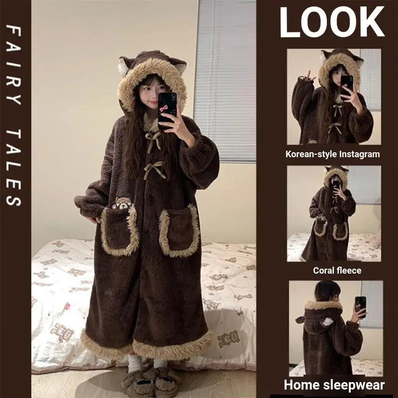 Cute Cartoon Raccoon Hooded Robe Women Winter Thick Coral Fleece Nightgown Warm Loose Long Homewear Loungewear Gift