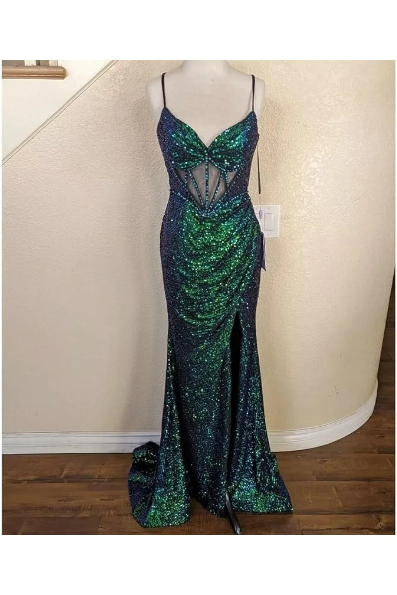 스파게티 스트랩 댄스 파티 드레스와 슬릿 긴 인어 반짝이는 스팽글 이브닝 파티 드레스