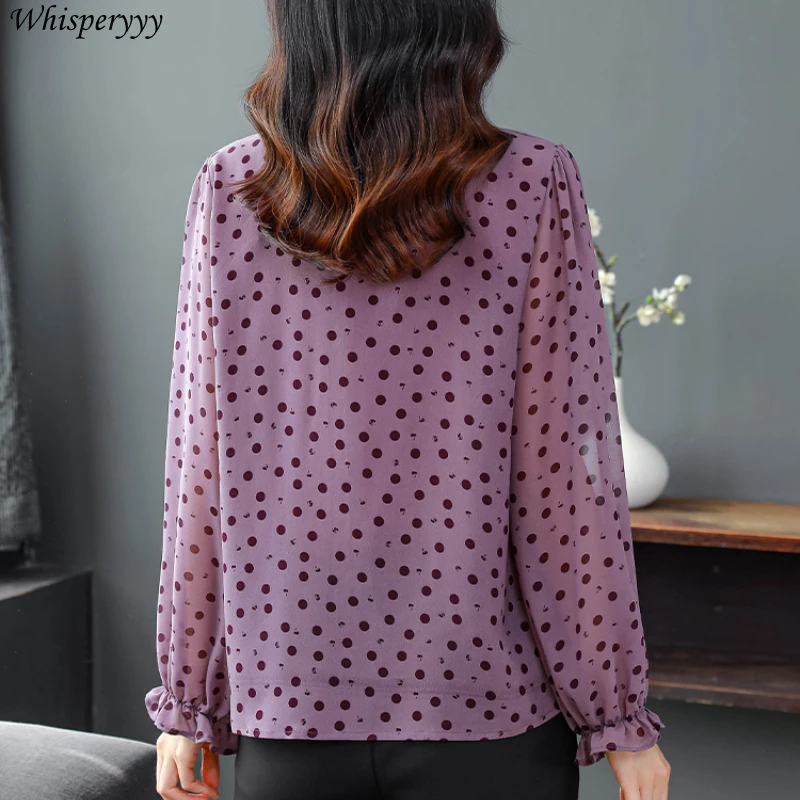 Chiffon Shirt Women's Polka Dot Tops Spring Summer Fashion Printing Round Neck Loose Camisas De Mujer Flare Sleeve Blouse