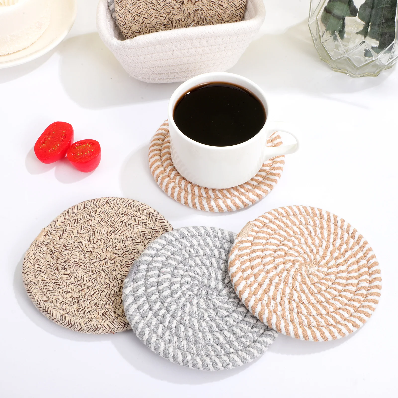 

6 Bohemian Style Cotton Rope Coasters 11CM Absorbent Protective Hot Cold Drinks Desk Cup Mats Storage Basket Set