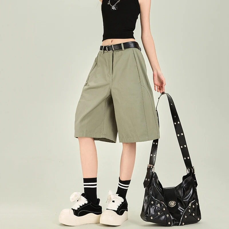 Fashion High Waist Wide Leg Cargo Shorts Women Streetwear Straight Loose Five-Pocket Pants Woman Solid Color Summer Shorts Mujer