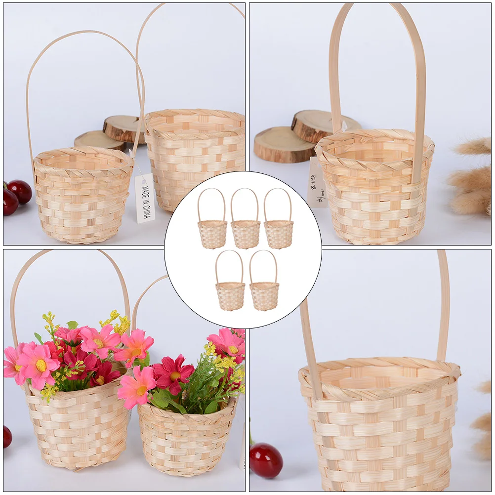 

5pcs Woven Handmade Flower Container Bamboo Storage Tote Basket Picnic Basket Fruit Holder Flower Container Reusable