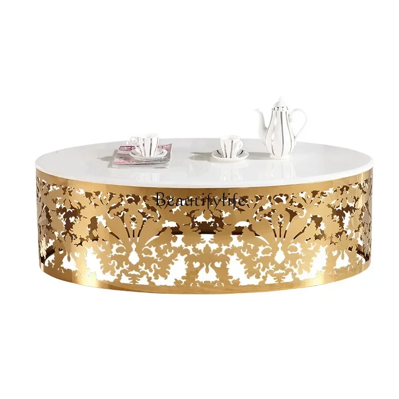 

1P13Gold luxury glass coffee table metal oval hollow engraved plating