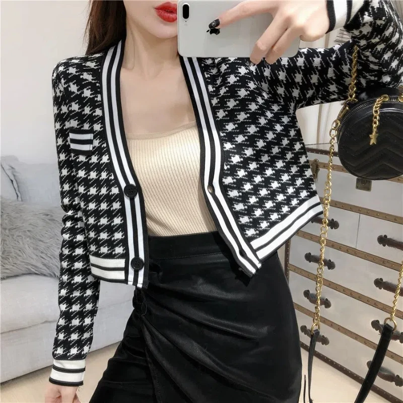 Short High Waist Black White Thousand Bird Grid Cardigan Spring Autumn Long Sleeve Korean Sweaters Fashion Vintage Women Clothes