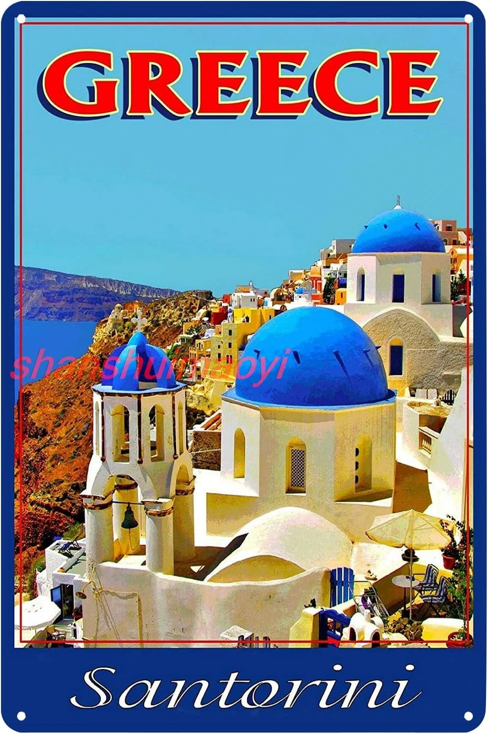 Vintage Metal Tin Sign - Santorini Island Greece Aegean Greek European Travel Wall Art Decor Poster for Home Cafe Bar Pub R sign