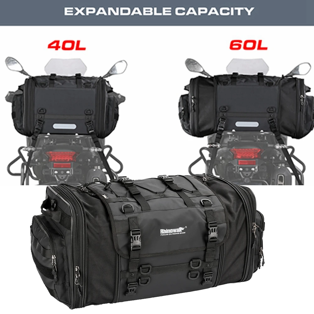 

Rhinowalk Waterproof 40L-60L Motorcycle Tail Bag Multifunction Motorcycle Rear Seat Bag High Capacity Motorcycle Bag Raincover