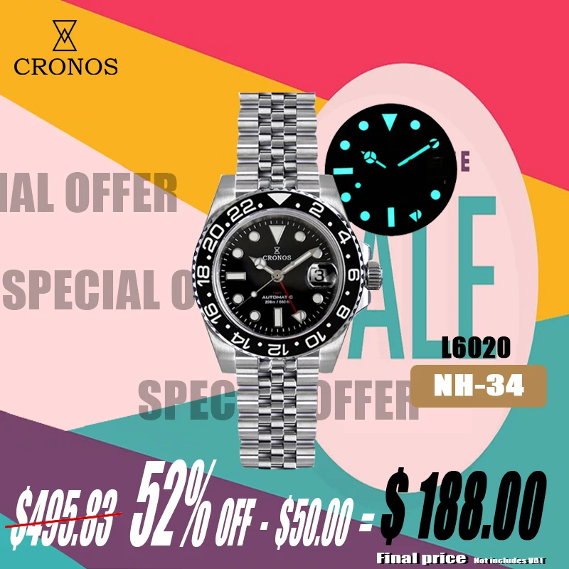 Cronos GMT Automatic Men Watch Bidirectional Bezel Sapphire 20 ATM NH34 Solid 5 links Printed Logo Metal Bracelet BGW-9 L6020