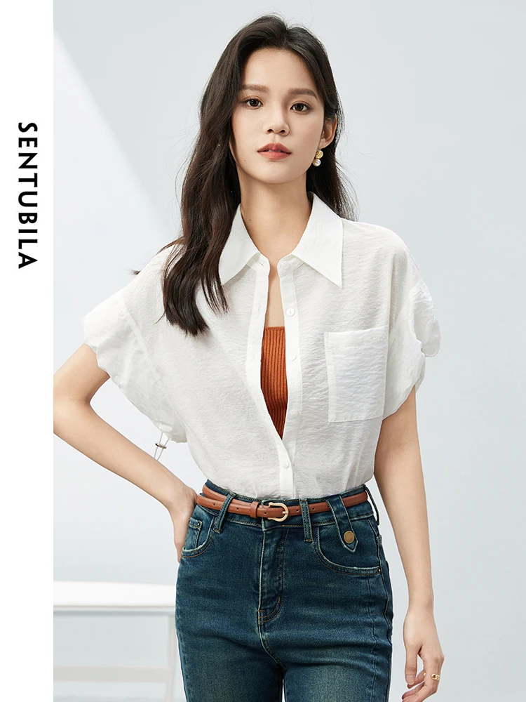 SENTUBILA Frauen Casual Button Up Shirts & Blusen 2024 Sommer Mode Lose Kurzarm Damen Tops Weibliche Kleidung 142C54404