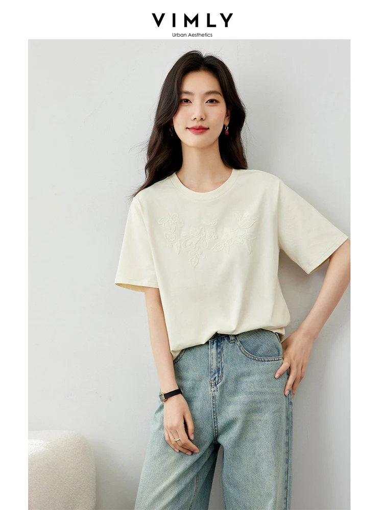 VIMLY Women's Elegant Chinese Style Embroidery Short Sleeve Basic T-Shirt Summer Casual Round Neck Cotton Bottoming Blouse Top