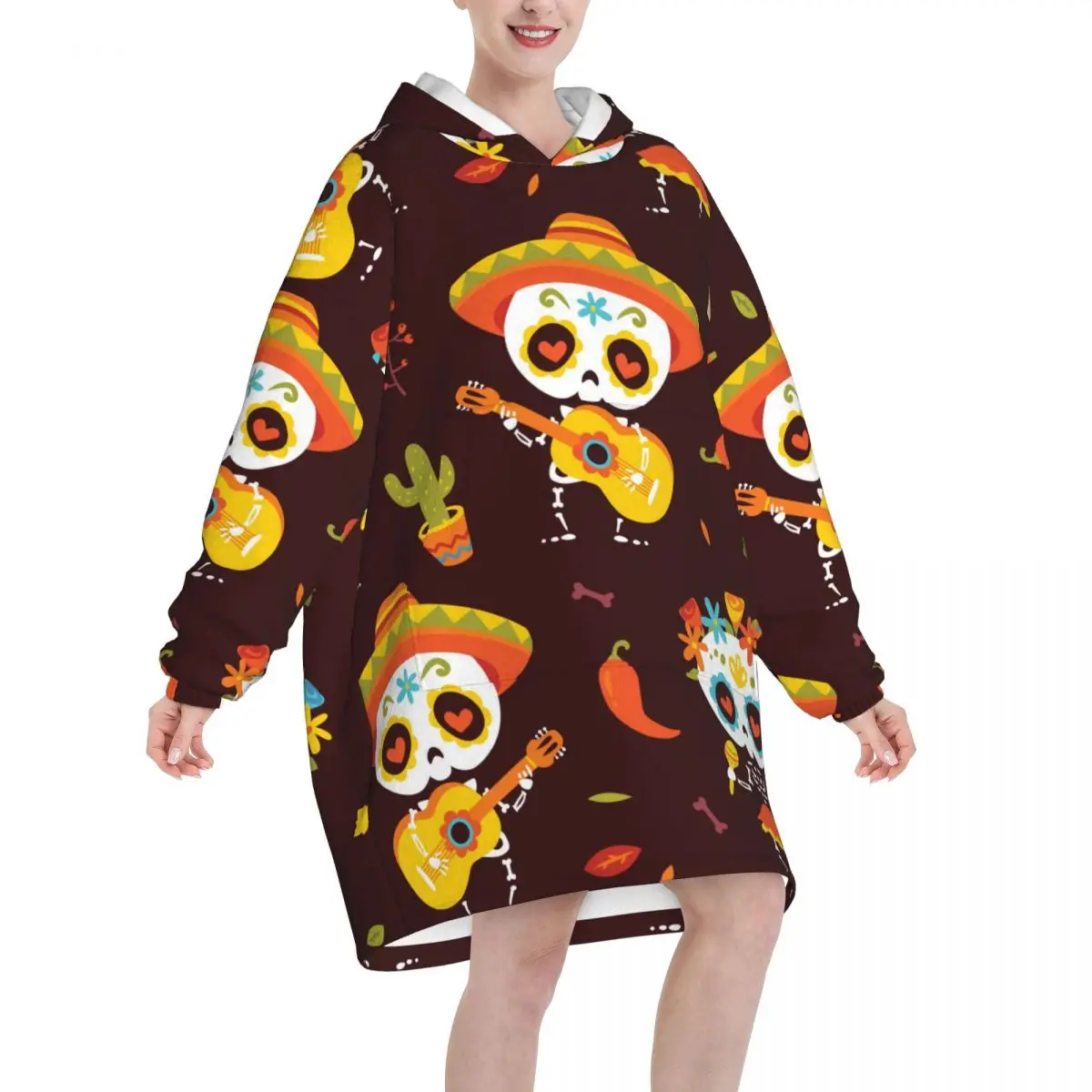 Cartoon Style Autumn Day Dead Brown Seamless Oversized Blanket Hoodie Women Men Wearable Fleece Pullover Soft Warm Cozy