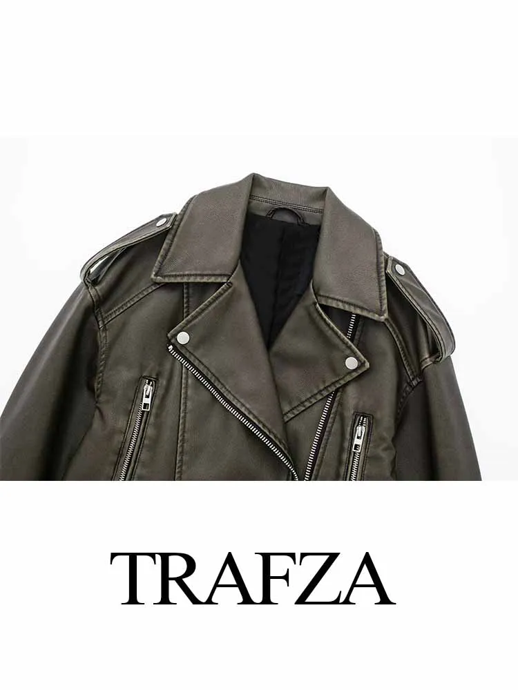 TRAFZA Women\'s Spring Black Fashion Imitation Leather Jacket European Style+Polo Collar Long Sleeve Pocket Zipper Belt Style