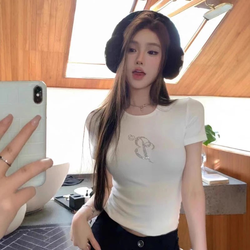 Ietter Hot Drilling Round Neck Short Sleeve T-shirt Women Summer Korean Style Leisure Tops Lady Simple Versatile Thin T-shirt