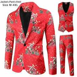 2024 Lustige Weihnachten Cartoon Herren bedruckte 3-teilige Sets (Blazer + Weste + Hose) Mode Abschlussball Party Bühne Dress Up Neue Herren-Sets