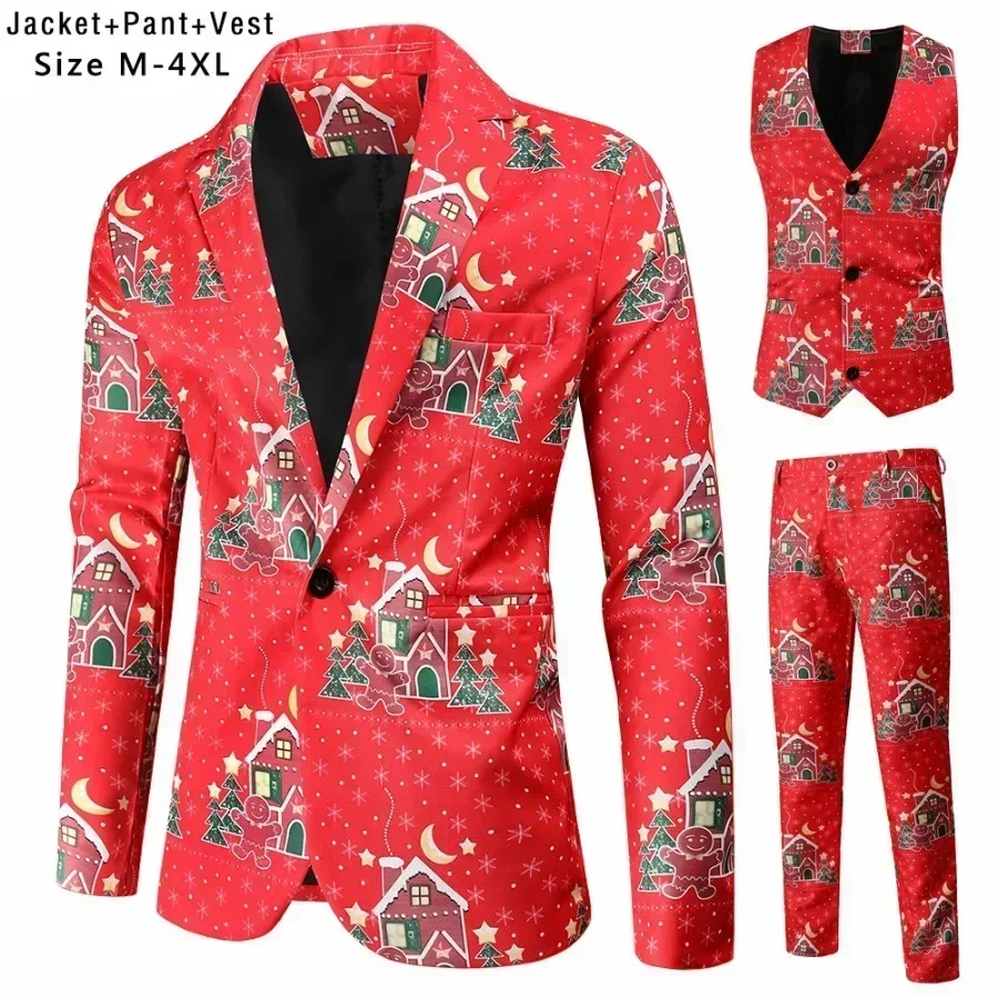 2024 Funny Christmas Cartoon Men's Printed 3 Piece Sets (Blazers+Vest+Trousers) Fashion Prom Party Stage Dress Up New Men's Sets