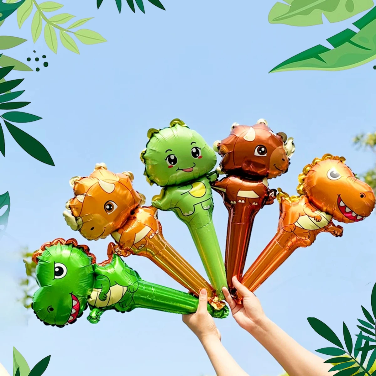 10pcs Dinosaur Cartoon Animal Hand Held Stick Aluminum Film Balloons for Boy Birthday Baby Shower Party Favors Decorations