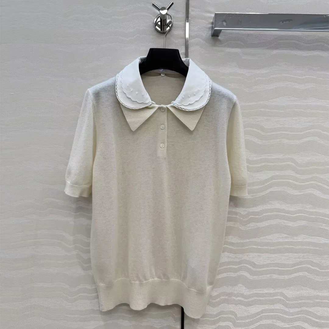 

Новая летняя женская вязаная футболка 2026 года в стиле преппи: милый топ с двойным воротником Питер Пэн, короткий рукав, шикарная мягкая шерстяная вязаная футболка