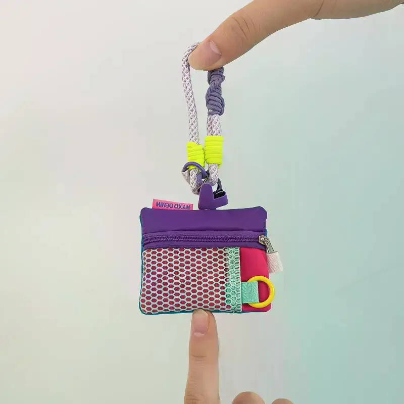 1Pcs Portable Dopamine Contrasting Mesh Card Bag Phone Lanyard Wrist Strap Handwoven Change Bag Keychain