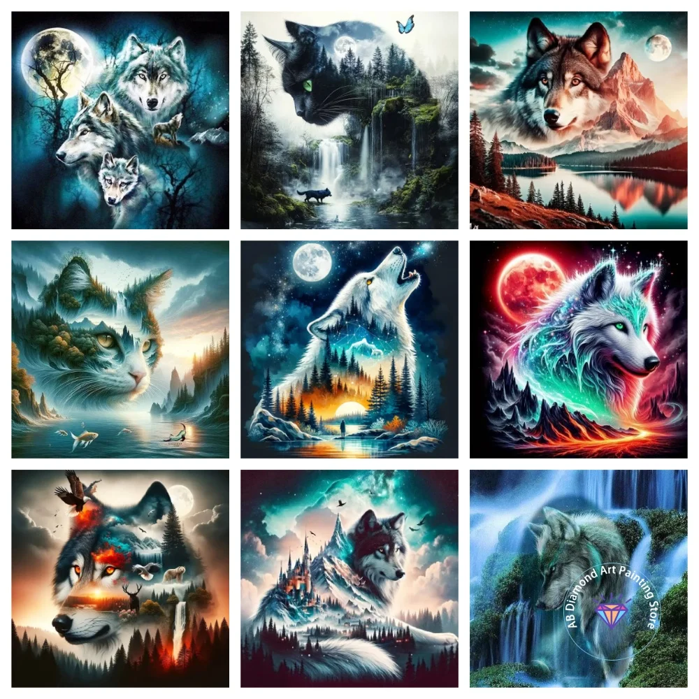 

Moon Wolf Mountain AB Diamond Painting Kit Square Round Diamond 5D DIY Animal Mosaic Handmade Art Exquisite Gift Home Decor