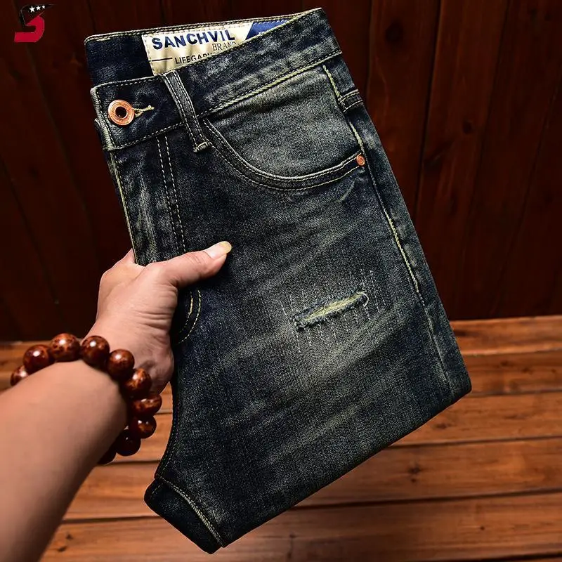 Fashion High-End Men's Jeans Autumn Winter New Ripped Patch Stretch Slim Fit Retro Vintage Long Pants