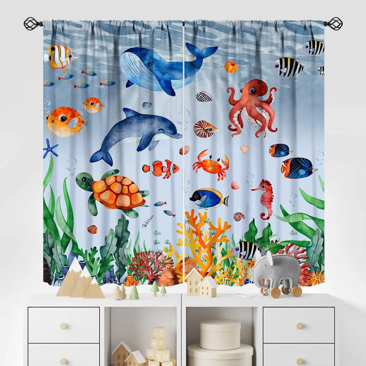 Underwater World Curtain 2 Panels,Mixed Marine Creature Coral Watercolor Print,Curtains for Infant Room Kids Ocean Decor Curtain