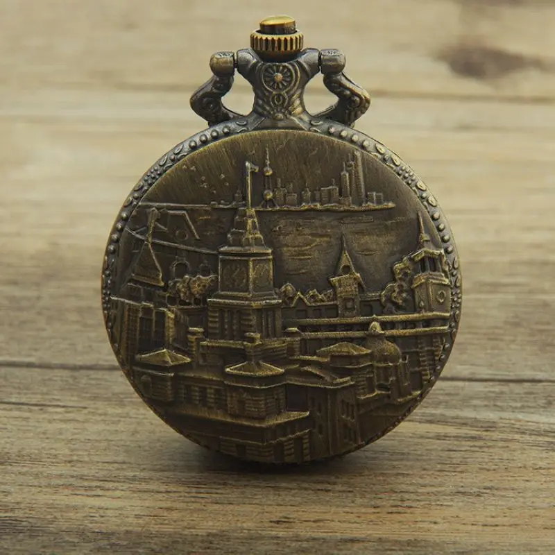 النمط الصيني البرونزية الكبيرة الرقمية شنغهاي الشرقية لؤلؤة ساعة الجيب السفر تذكارية الطراز القديم ساعة الجيب ساعة كوارتز