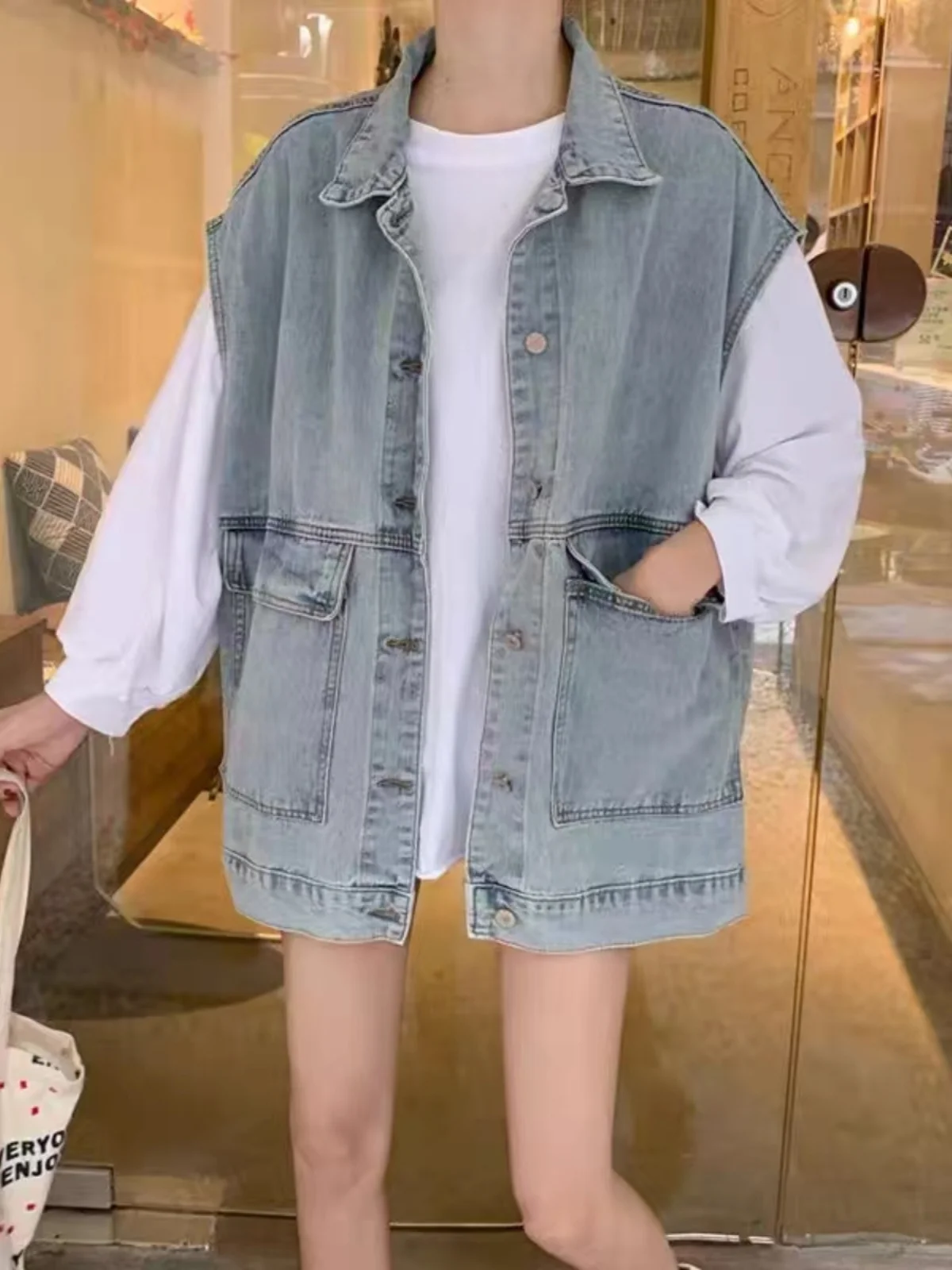

plus Size Denim Vest Women's Autumn Winter Loose Slimming Sleeveless Outerwear Trendy Collar Mid-Length Single Button
