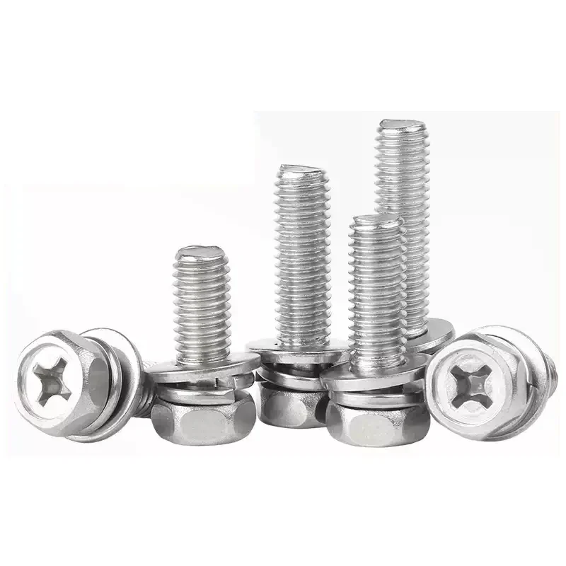 304 Stainless Steel Cross recessed Hex Head With Washer Sem Screw M3 M4 M5 M6 M8 M10 Flat Washer Spring Gasket Assemble Bolt
