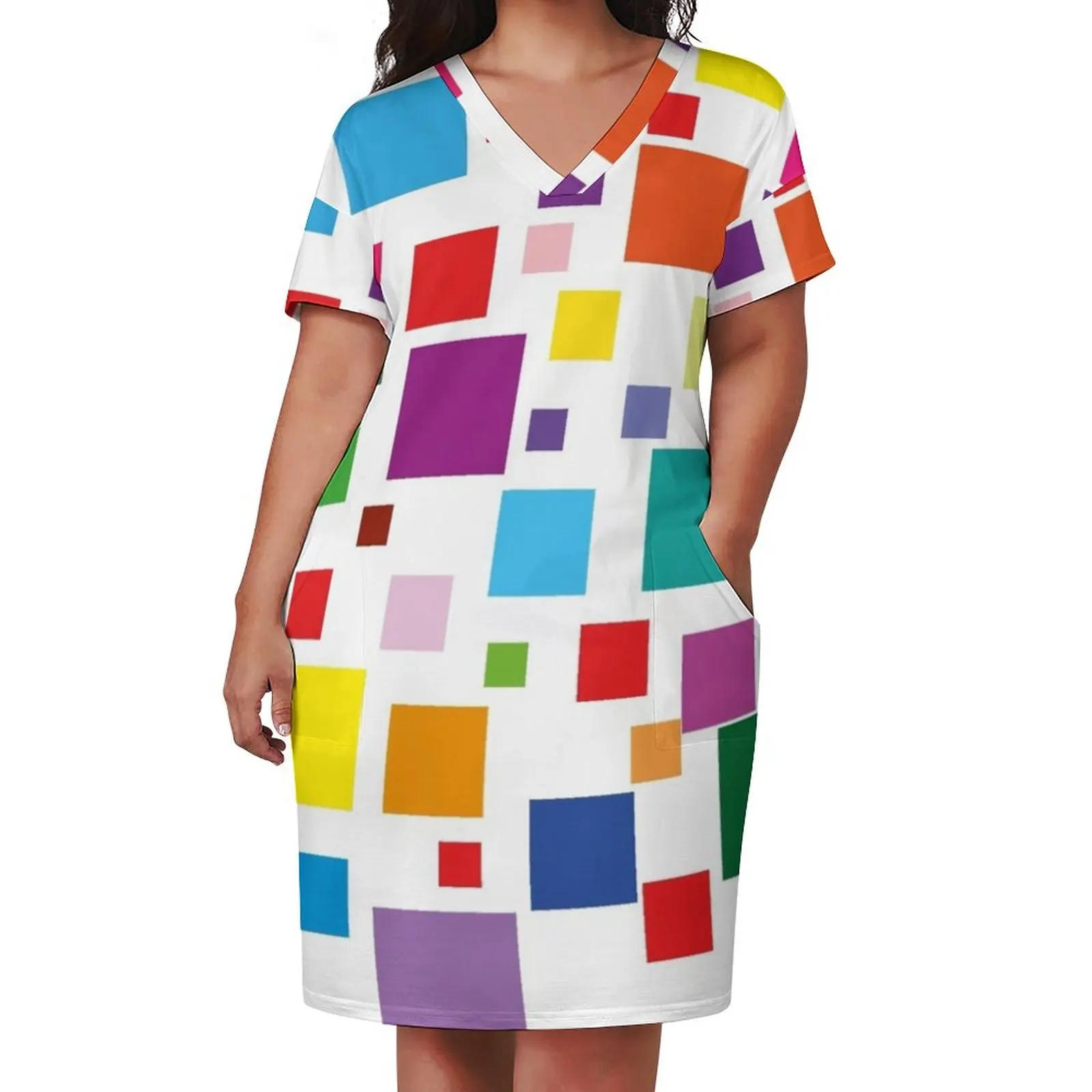 Colourful squares, multi sized and multi coloured Loose Pocket Dress clothes prom dress Women